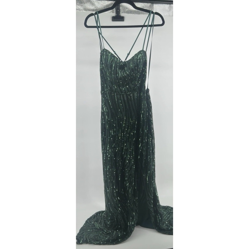 NWT Y2K Aesthetic Emerald Green Sequin Maxi Prom Dress High Slit Gown M Sleek
